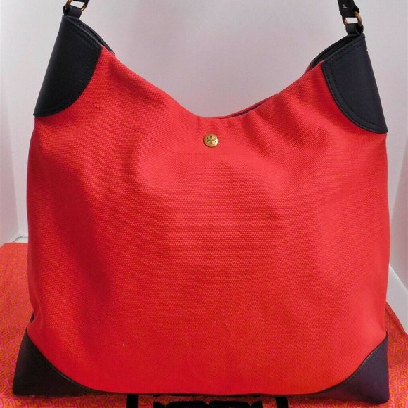 Tory Burch Red Canvas Navy‎ Blue Leather Large Hobo Shoulder Bag - Picture 1 of 6
